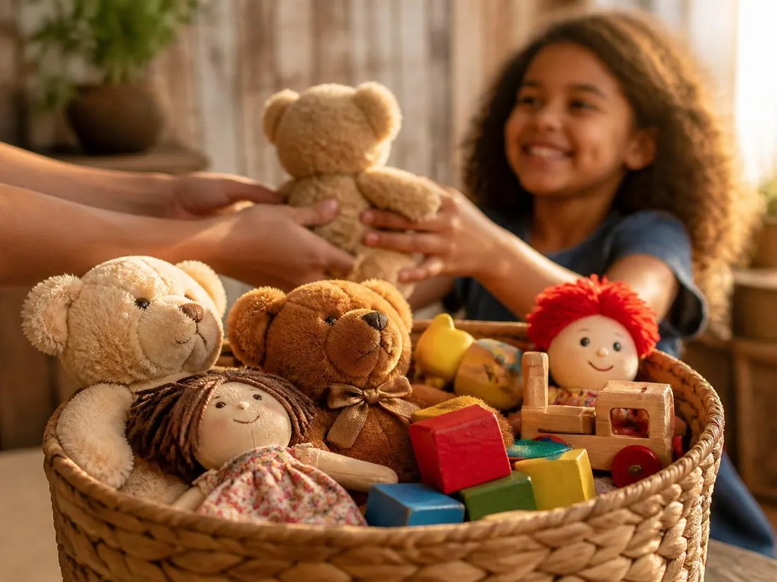 Criança recebendo um brinquedo doado, em cesta com ursinhos e bonecos